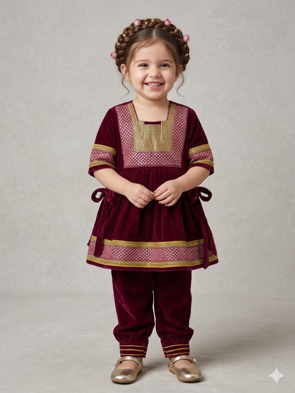 Girls Burgundy Velvet Tunic Set with Gold Trim
